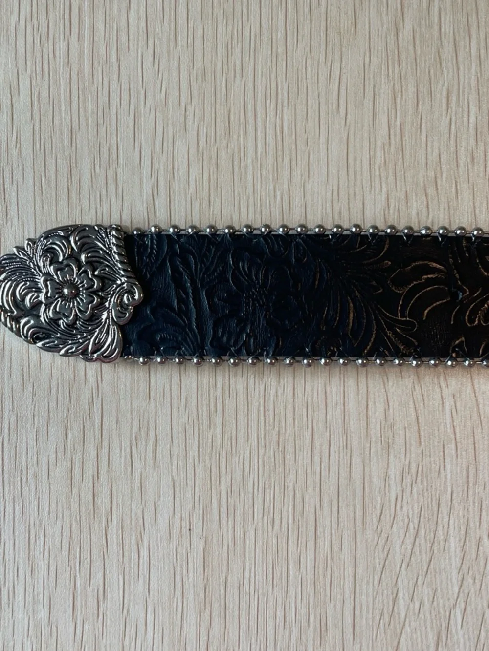 Vintage Black Tooled Leather Belt with Ornate Silver Buckle